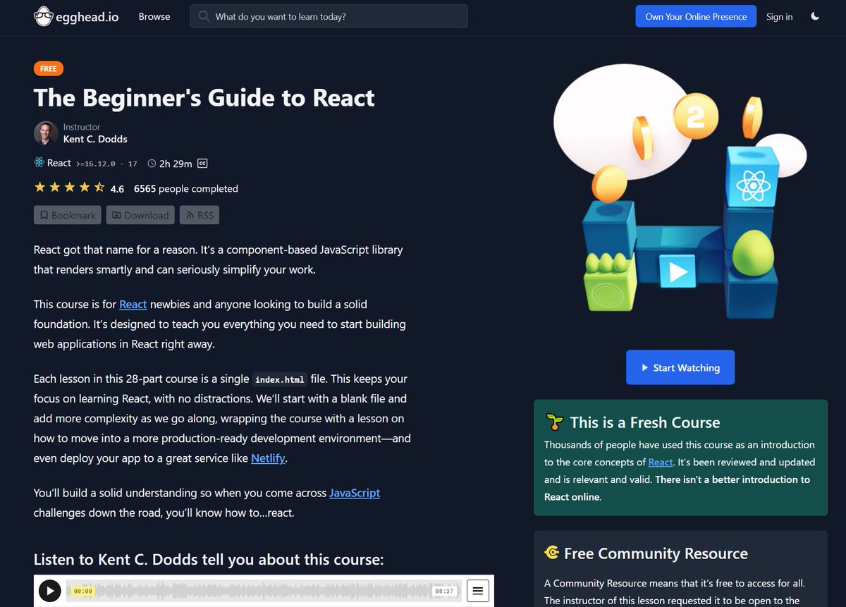 goncy's tweet image. Si querés aprender React, el curso que siempre recomiendo es The beginner&apos;s guide to React de @kentcdodds, es completo, actualizado, explica muy bien y es gratis 🙌

egghead.io/courses/the-be…