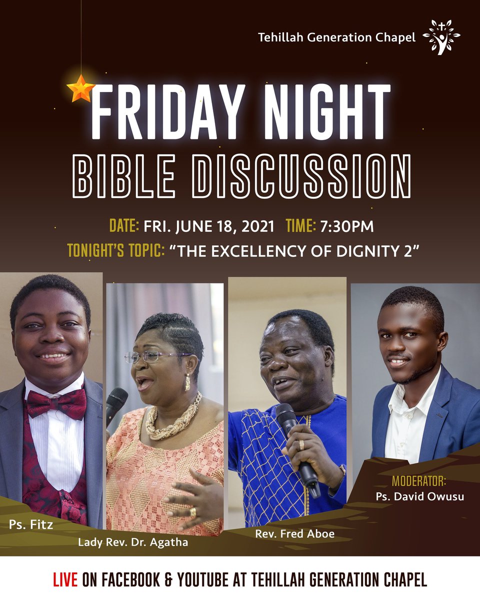 Join us this evening for our Friday Night Bible Discussion and your life will never be the same again. Search for Tehillah Generation Chapel on Facebook and Youtube to watch live at 7:30pm prompt.