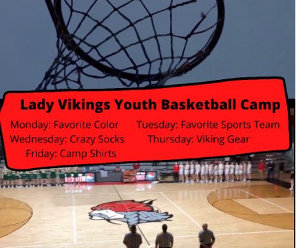 LadyVikingBask1's tweet image. Lady Vikings Basketball Camp starts Monday! 1st-2nd 8:00-9:00, 3rd-5th 9:00-10:30, 6th-8th 10:30-12:00! Spirit days for came are below! We are ready to have some fun!