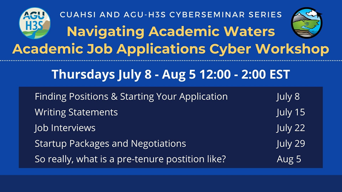 AGU_H3S's tweet photo. Are you a graduate student, recent grad, or post doc? Are you looking to land a job in academia? Join @AGU_H3S and @CUAHSI Thursdays this summer July 8 -August 5 at 12 - 2 pm ET for a free virtual career development workshop: Navigating Academic Waters: Academic Job Applications. https://t.co/6qGag8HkOL