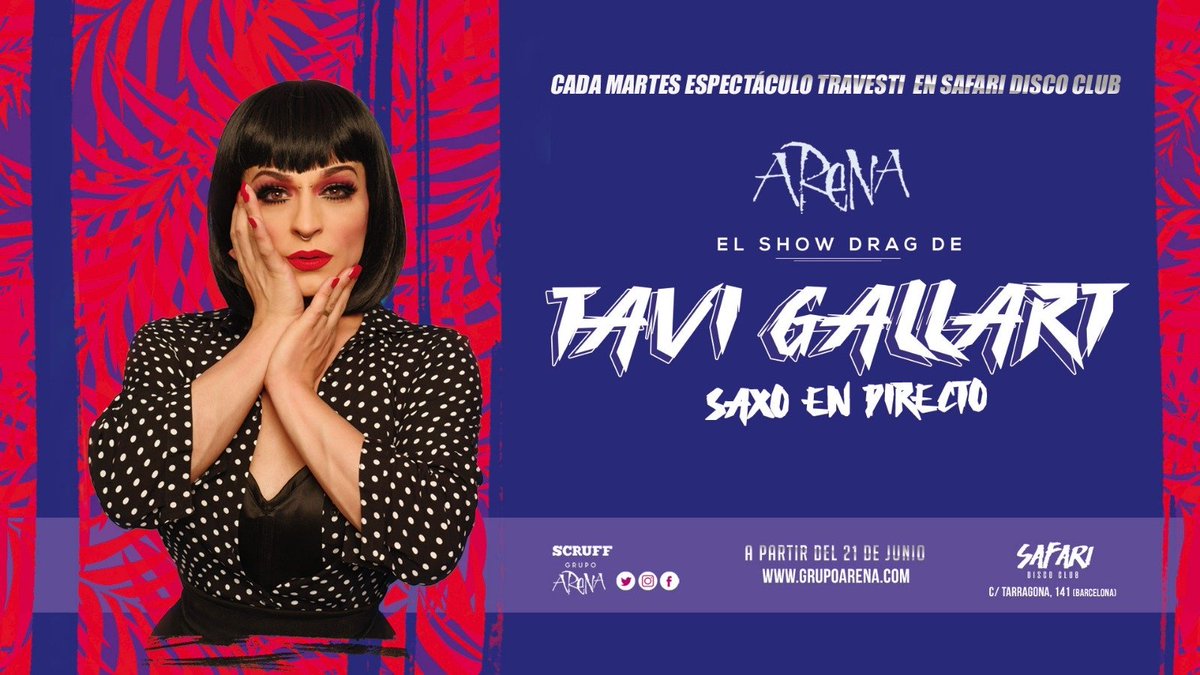 🌈Cada martes disfruta del show drag de <a href="/TaviGallart/">Tavi Gallart</a> en Safari Disco Club.

✴️ Elegancia, fantasía y música en directo.

🎶 Sesión musical de POP, HITS, LATIN &amp; MIX.

⏰ Horario de 23 a 3:30 h.
🎟️ Entrada online 10 € + copa
🌐 Compra tu entrada online en grupoarena.com