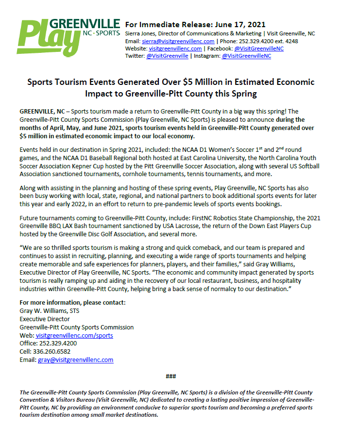PlayGVLNCSports's tweet photo. Sports Tourism Events Generated over $5 Million in Estimated Economic Impact to Greenville-Pitt County this Spring

#SportsTourism #PlayGreenvilleNCSports #VisitGreenvilleNC https://t.co/HFu1TuGPOo