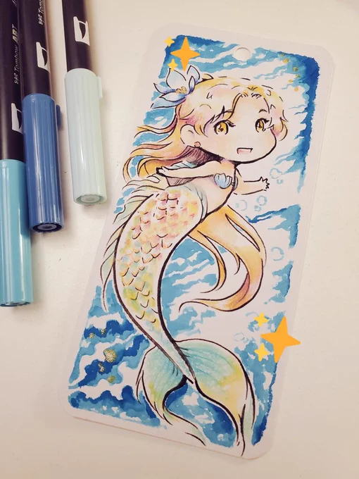 Brush pen art bookmarks I made for my top tier patrons during merMay 
(*'ω`*) 