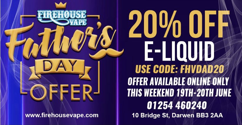 Treat Dad this Fathers Day with 20% off all e-liquid online only! Use code FHVDAD20 at checkout. This weekend only!  #fathersday #offer #treatdad #quitnow #vape #maketheswitch #firehousevape