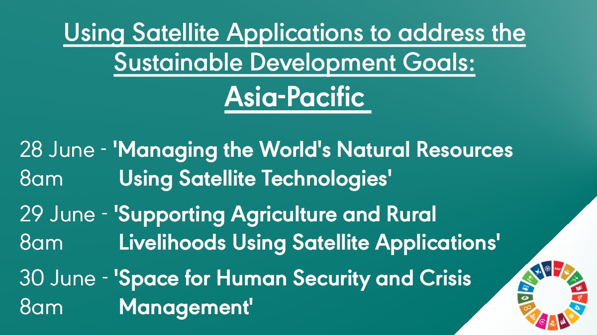 Our International Partnership Programme is holding a series of FREE webinars, using space to address #SDGs. 

Register for the first series, focusing on Asia-Pacific:

Resources 👉 bit.ly/3gCsmPx
Agriculture 👉 bit.ly/2S9YrVt
Security 👉 bit.ly/3vJsLUI