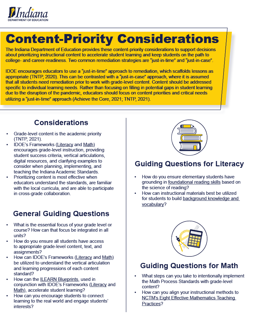 Educators working to accelerate student learning can leverage IDOE's Content-Priority Considerations to make decisions regarding instructional content. Learn more:

bit.ly/3ge64TM