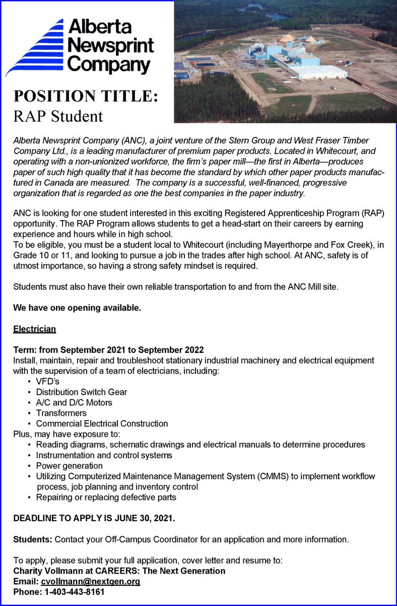 ngpshth's tweet photo. New RAP opportunity! Apply before June 30 for the Electrician position at Alberta Newsprint Company.
#registeredapprenticeshipprogram #CareersNextGen #ANC https://t.co/ydNnvAACls