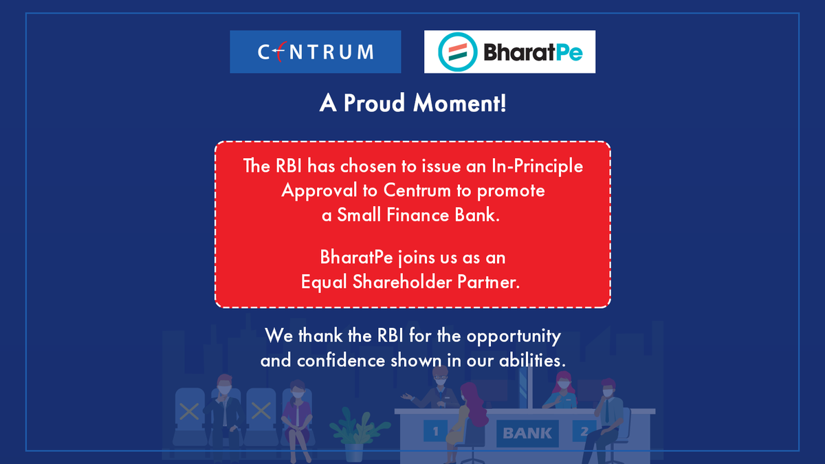 CentrumIndia's tweet photo. The RBI’s in-principle approval is a validation of Centrum’s proven expertise in financial services and @bharatpeindia Digital Leadership, both essential for setting up a New Age Bank. Read More -https://t.co/KTp26eTLq8

#Centrum #CentrumIndia #BharatPe #RBI #SmallFinanceBank https://t.co/gow4KckNId