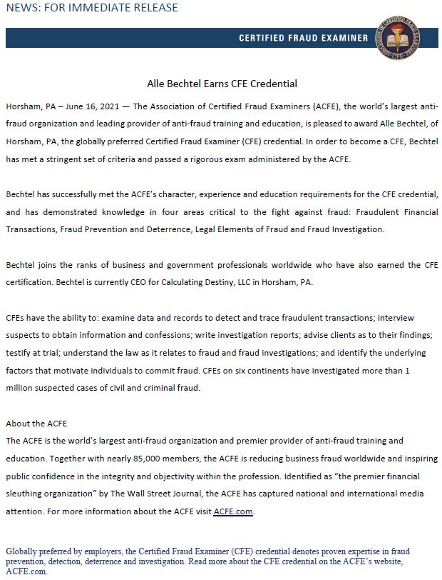 Congratulations to Alle Bechtel on passing all her exams and officially becoming a Certified Fraud Examiner (CFE). We want to thank you for always putting in the hard work to learn and grow your skill set so that you can find new ways to serve your CD family.