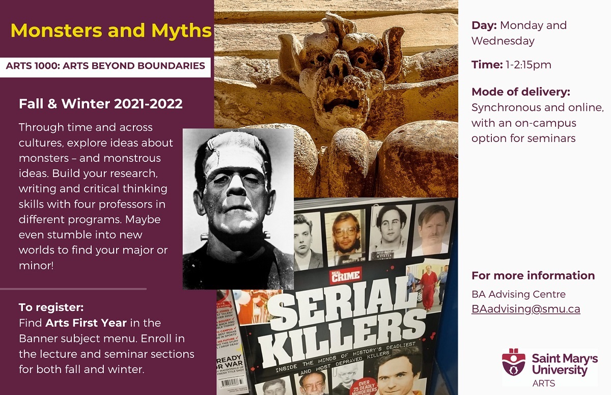 SMArts_SMU's tweet photo. Explore #monsters and #myths in ARTS 1000: Arts Beyond Boundaries, new for first-year Arts students at @smuhalifax! Learn more at virtual mini-lectures with 4 professors on Tuesday, June 22 at 9 am or 7 pm; sign up at https://t.co/7EZtinoCa2. #WorldWithoutLimits #artswithimpact https://t.co/lsMss5uKhb