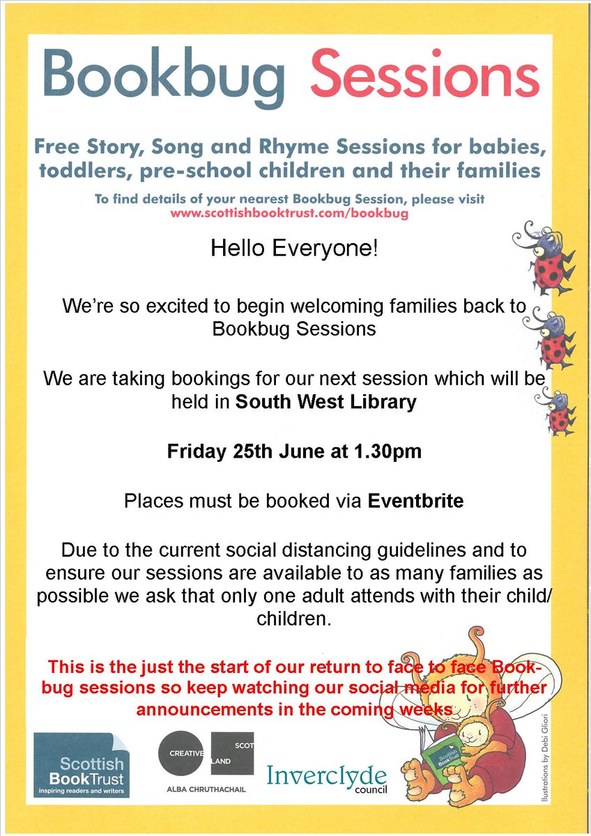 InverclydeLibs's tweet image. 𝐁𝐨𝐨𝐤𝐛𝐮𝐠 𝐒𝐞𝐬𝐬𝐢𝐨𝐧 𝐀𝐧𝐧𝐨𝐮𝐧𝐜𝐞𝐦𝐞𝐧𝐭📣

Our next face to face #BookbugSession being held in South West Library (Barr&apos;s Cottage) will be on Friday 25th June from 1.30-2pm.

Places can be booked via Eventbrite 👇
eventbrite.co.uk/e/160181504191

@Bookbug_SBT @inverclyde