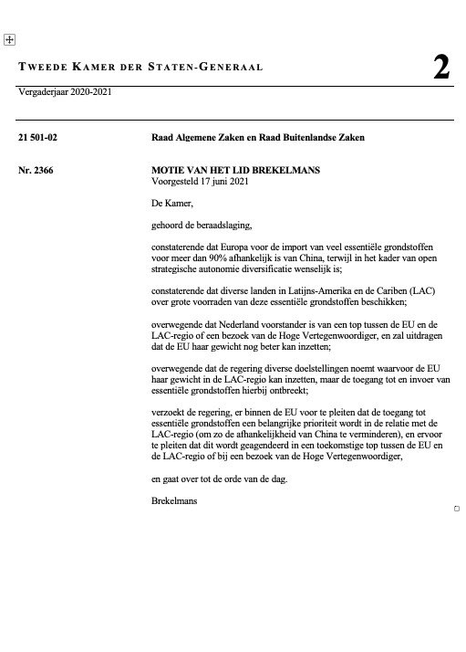 stemmingen's tweet photo. Motie van het lid @rubenbrekelmans (VVD) over toegang tot essentiële grondstoffen als belangrijke prioriteit in de relatie met de LAC-regio (21501-02-2366) 

Vindplaats: https://t.co/trSMTKmTw6

Stemming: Aangenomen

#BuitenlandseZaken #LatijnsAmerika #Cariben #Grondstoffen https://t.co/jZ9AK41d64
