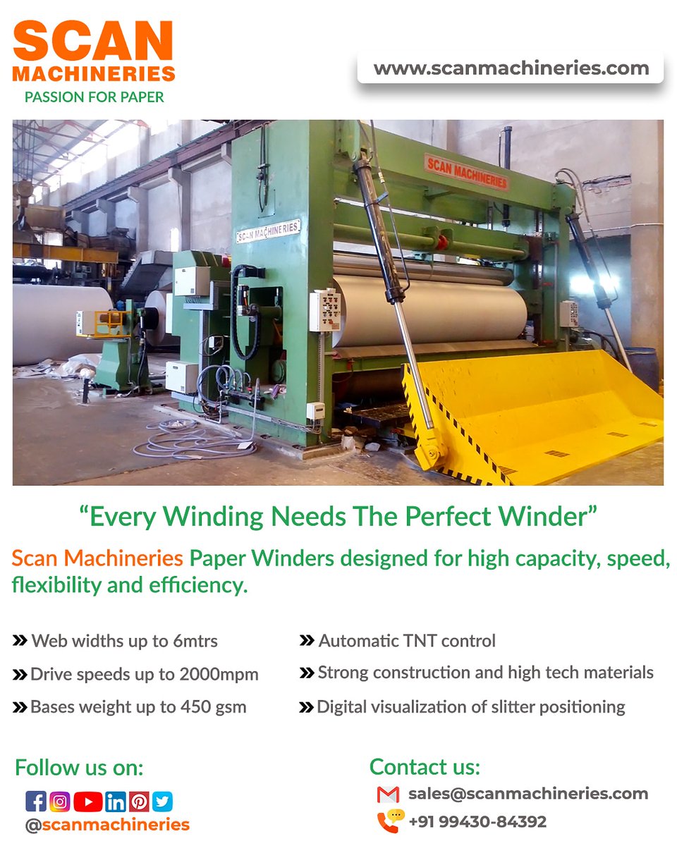 ScanMachineries's tweet photo. Scan Machineries #Winder for #Paper and #Board Machines designed for high capacity and efficiency.
#paper #pulp #papermachine #rewinder #papermill #paperindustry #siemens #abb #kraft #fbb #box #packaging #automation #knives #writing #printing #ScanMachineries #PassionforPaper https://t.co/c4ryUq4Rvj
