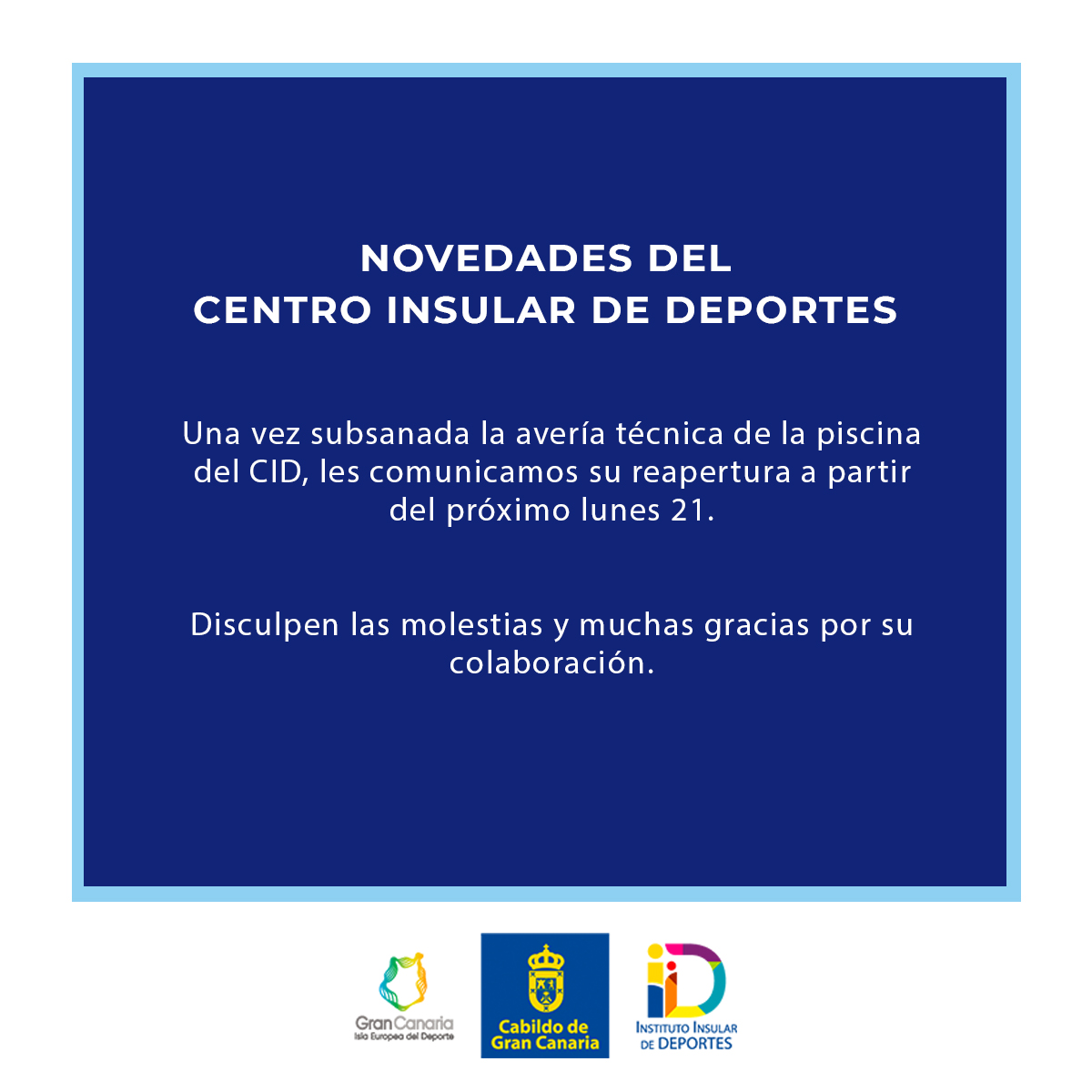 𝗡𝗼𝘃𝗲𝗱𝗮𝗱𝗲𝘀📣

Una vez subsanada la avería técnica de la piscina del <a href="/CIDdeportes/">Centro Ins. Deportes</a>, les comunicamos su reapertura a partir del próximo lunes 21.

Disculpen las molestias y muchas gracias por su colaboración.