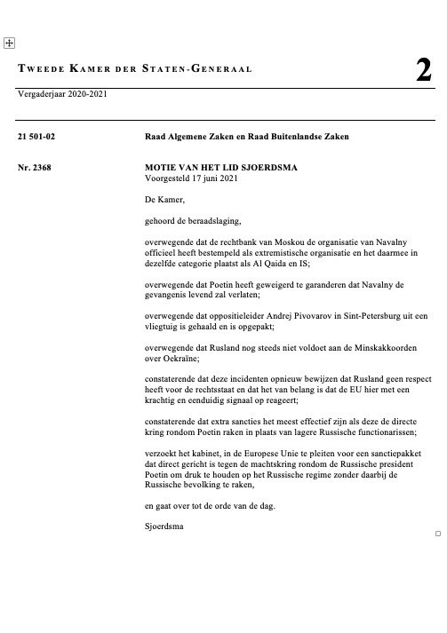 stemmingen's tweet photo. Motie van het lid @swsjoerdsma (D66) over een sanctiepakket dat direct gericht is tegen de machtskring rondom de Russische president Poetin (21501-02-2368) 

Vindplaats: https://t.co/f6xMx4P53t

Stemming: Aangenomen

#BuitenlandseZaken #Rusland #Poetin #Navalny #Sancties https://t.co/JM4f52gTCh