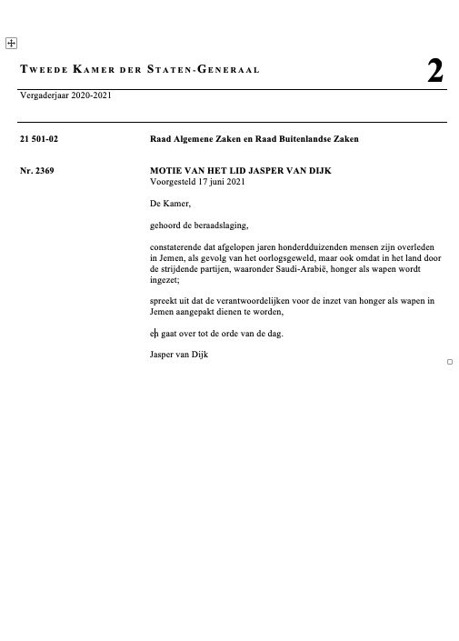 stemmingen's tweet photo. Motie van het lid @JaspervanDijkSP (SP) over uitspreken dat verantwoordelijken voor de inzet van honger als wapen in Jemen aangepakt dienen te worden (21501-02-2369) 

Vindplaats: https://t.co/Nt7tsAxCiQ

Stemming: Aangenomen

#BuitenlandseZaken #Jemen #Honger #Wapen https://t.co/VF26w67Rb4