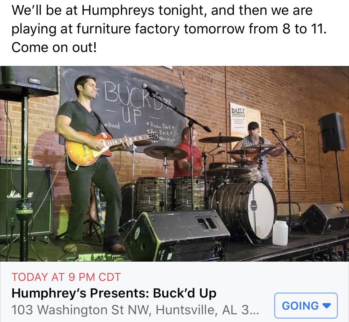 BuckdUpBand's tweet photo. Tonight! @HumphreysBNG in downtown Huntsville, AL! Music starts at 9pm, but the fun starts earlier! No cover! +21 https://t.co/CpF4xLcMrN