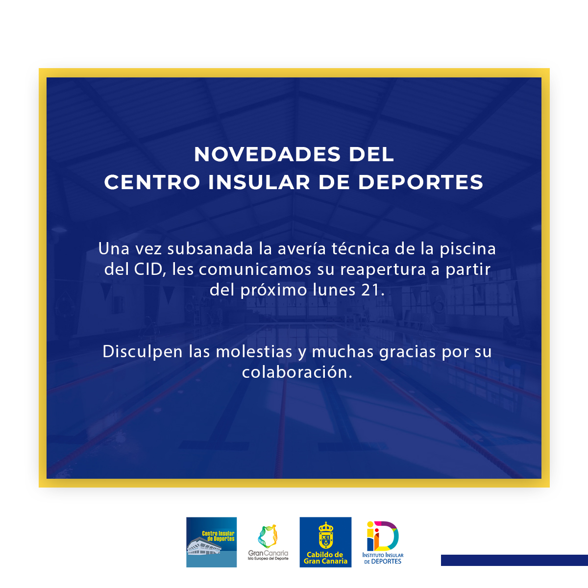 𝗡𝗼𝘃𝗲𝗱𝗮𝗱𝗲𝘀📣

Una vez subsanada la avería técnica de la piscina del #CentroInsularDeDeportes, les comunicamos su reapertura a partir del próximo lunes 21.

Disculpen las molestias y muchas gracias por su colaboración.