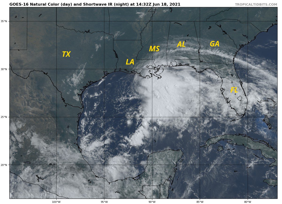 TropicalTidbits's tweet photo. PTC3 is now spreading heavy rains &amp; gusty winds onto the gulf coast. The primary hazard is flash flooding, which is possible in portions of LA, MS, AL, FL &amp; GA thru the weekend. Coastal storm surge of 1-3 feet, winds of 30-40 mph, and isolated tornadoes may also occur. Stay safe! https://t.co/UZt2qiyfnb