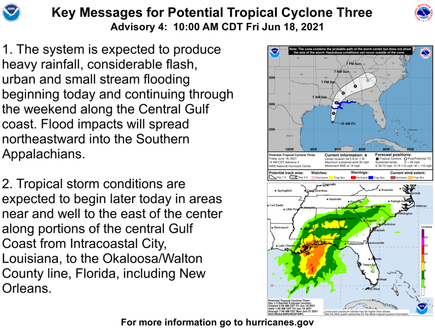 TropicalTidbits's tweet photo. PTC3 is now spreading heavy rains &amp; gusty winds onto the gulf coast. The primary hazard is flash flooding, which is possible in portions of LA, MS, AL, FL &amp; GA thru the weekend. Coastal storm surge of 1-3 feet, winds of 30-40 mph, and isolated tornadoes may also occur. Stay safe! https://t.co/UZt2qiyfnb