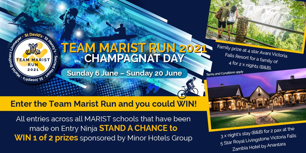 Marist_FdnStDav's tweet photo. #TeamMaristZA 'Power of M' Champagnat Day 2021 run - final two days this weekend! 1260 entries to date! @StDavids_Marist @StJosephsMarist @StHenrys_Marist @_Cool_School #MaristLinmeyer @MaristOldBoys 2 great lucky draw holiday prizes to be won from @AvaniVicFalls & @RoyalLivHotel https://t.co/m06Itfao3F