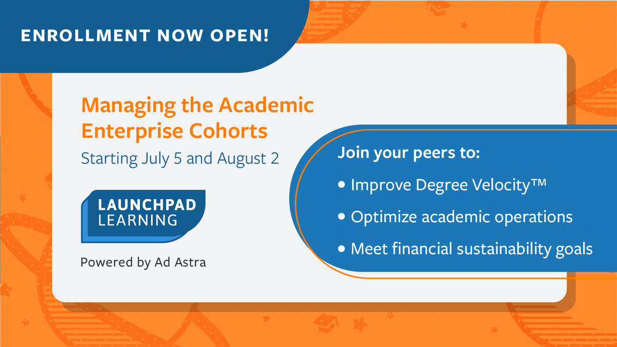 We're hosting two Managing the Academic Enterprise cohorts this summer, and you're invited! Join a four-week course and explore how to leverage data and best practices for #studentsuccess with your #highereducation peers. Sign up here: hubs.ly/H0Qdg5m0