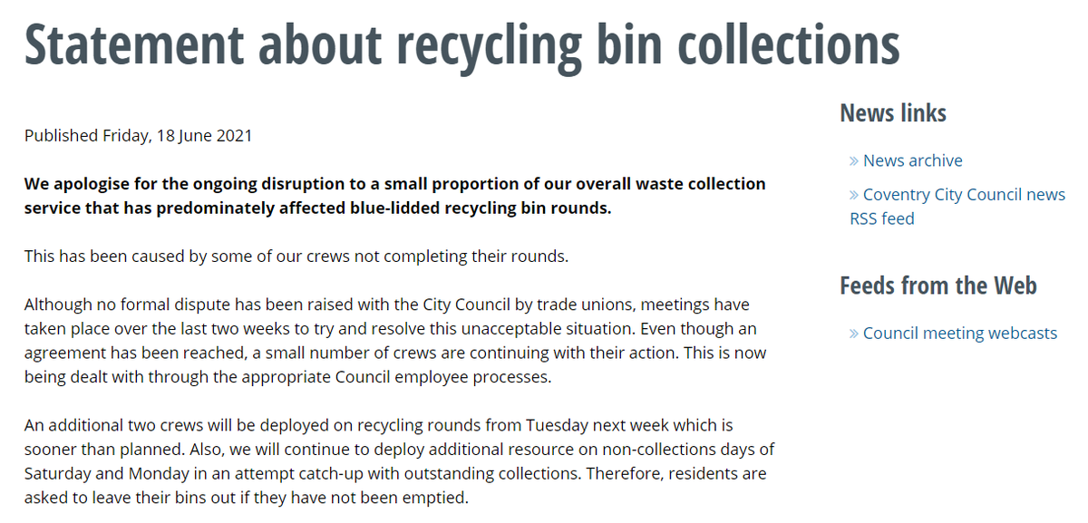 coventrycc's tweet photo. We apologise for the ongoing disruption to a small proportion of our overall waste collection service that has predominately affected blue-lidded recycling bin rounds. You can read our full statement on our website: 
https://t.co/X3CrjbgD59 https://t.co/2jx4pF9uwr