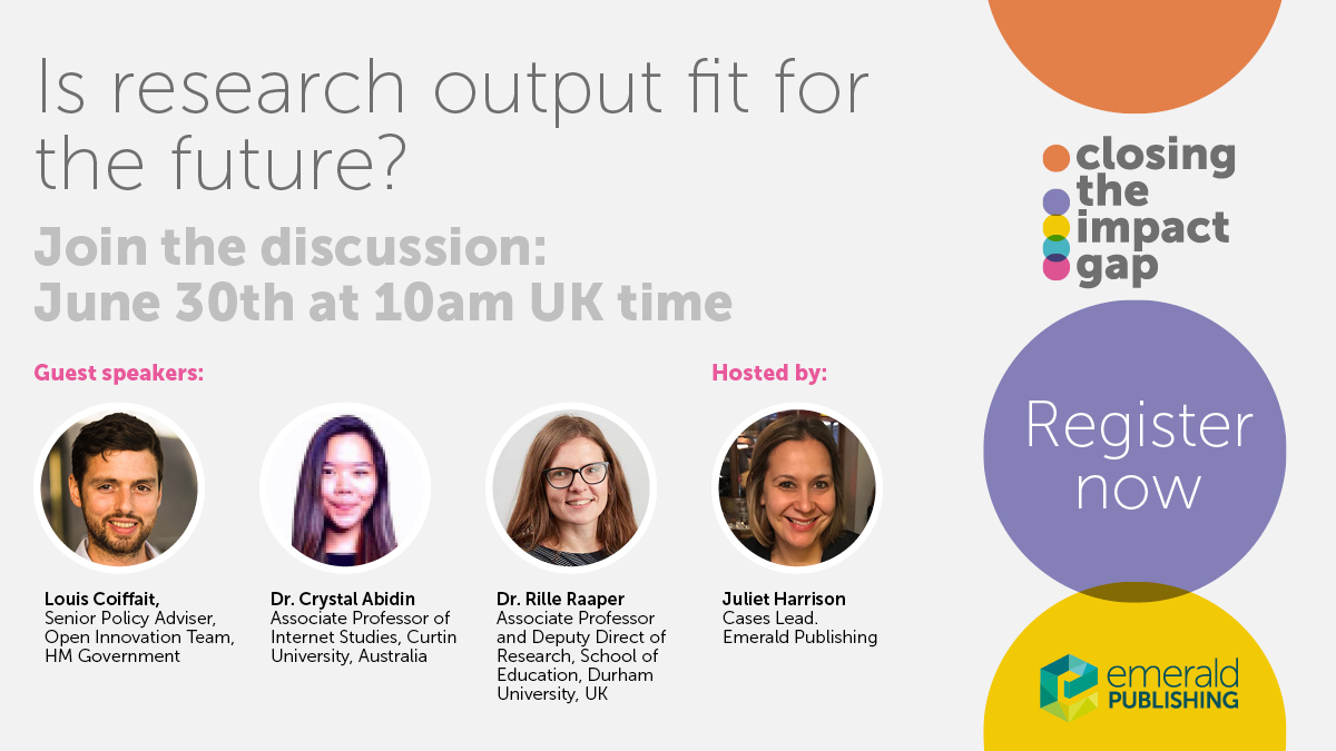 EmeraldGlobal's tweet photo. Is research output fit for the future? Join @jharrison66 @wishcrys @rillera &amp; @LouisMMCoiffait to discuss if the way research outputs are presented today need to change, and the challenges to making change happen.
Jun 30 -10:00 AM -11:30 AM BST register https://t.co/yDFjzNulIK https://t.co/hmDGVvzLNC