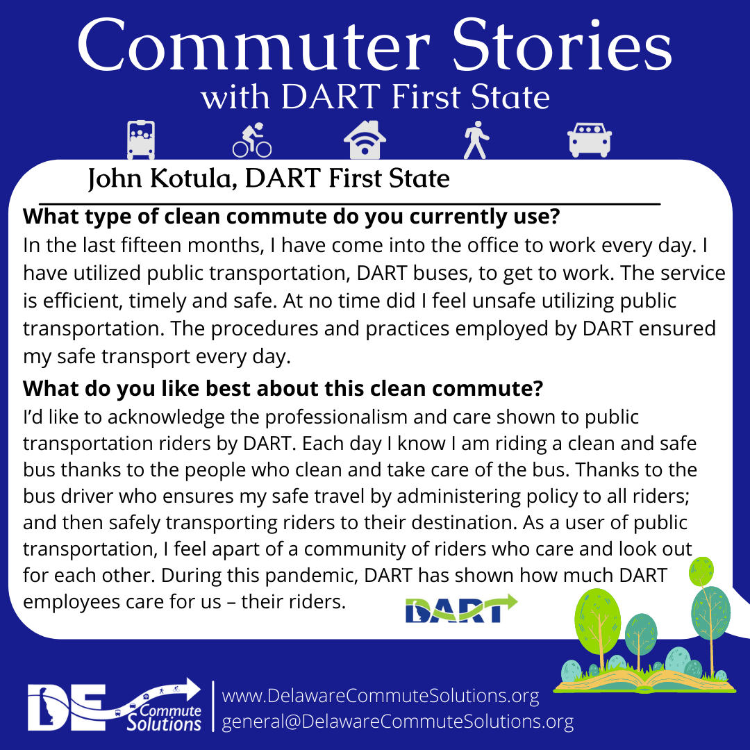 DECommuteSol's tweet photo. Thank you to John Kotula from DART First State for sharing his Commuter Story with us! John takes DART First State public transportation to get to work and shares how much he enjoys taking DART and their continued care for riders. #CommuterStories #CleanCommuting https://t.co/CV5UAVEwwV