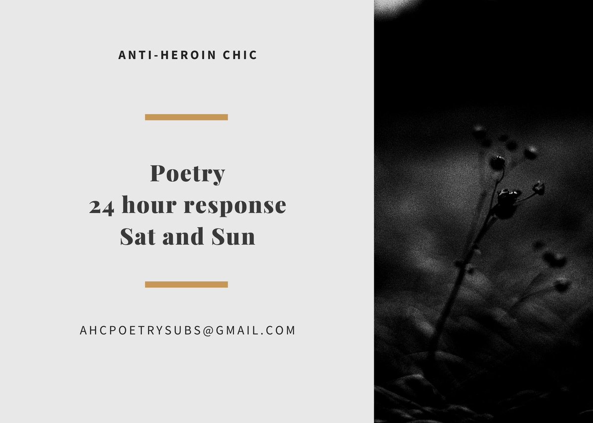 Our subs have been a little slow this reading period so we're offering a special 24 hour response for poetry this weekend at Anti-Heroin Chic. Visit our website for guidelines and a feel for what we're looking for. Retweets are very much appreciated! 
heroinchic.weebly.com