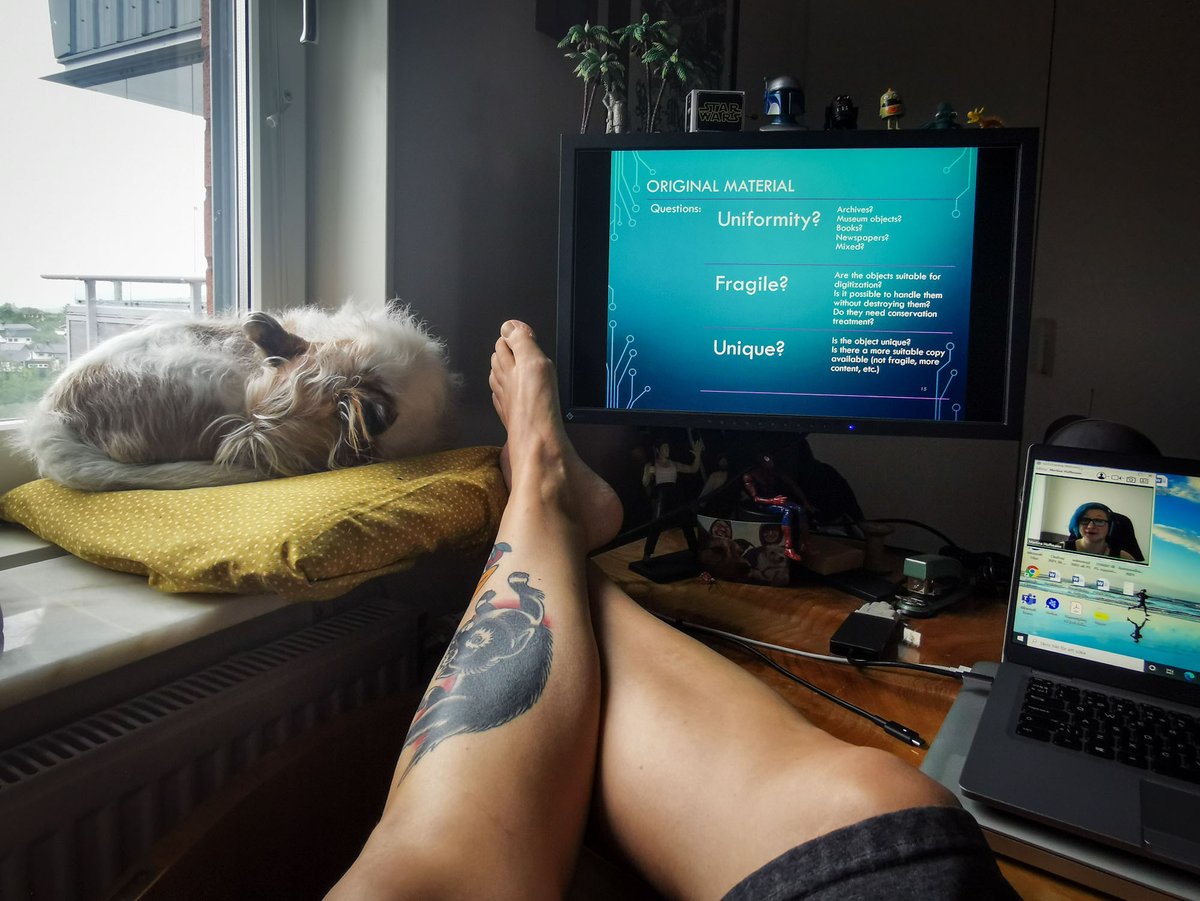 Last short course, from home as you can see 😅🐶🦵on #archiving2021 : "Quality Assurance Workflows for Digitization Projects" with Martina Hoffman. Nice to hear we are doing the right thing at sfmv.se 😁👌