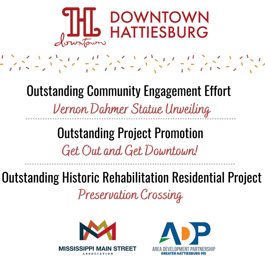 Congratulations to <a href="/HburgDowntown/">Downtown Hattiesburg</a> for being recognized by the Mississippi Main Street Association for the most outstanding downtown development projects and events from Main Street communities in Mississippi! Thank you <a href="/MSMainStreet/">Mississippi Main Street Association</a> for the recognition!