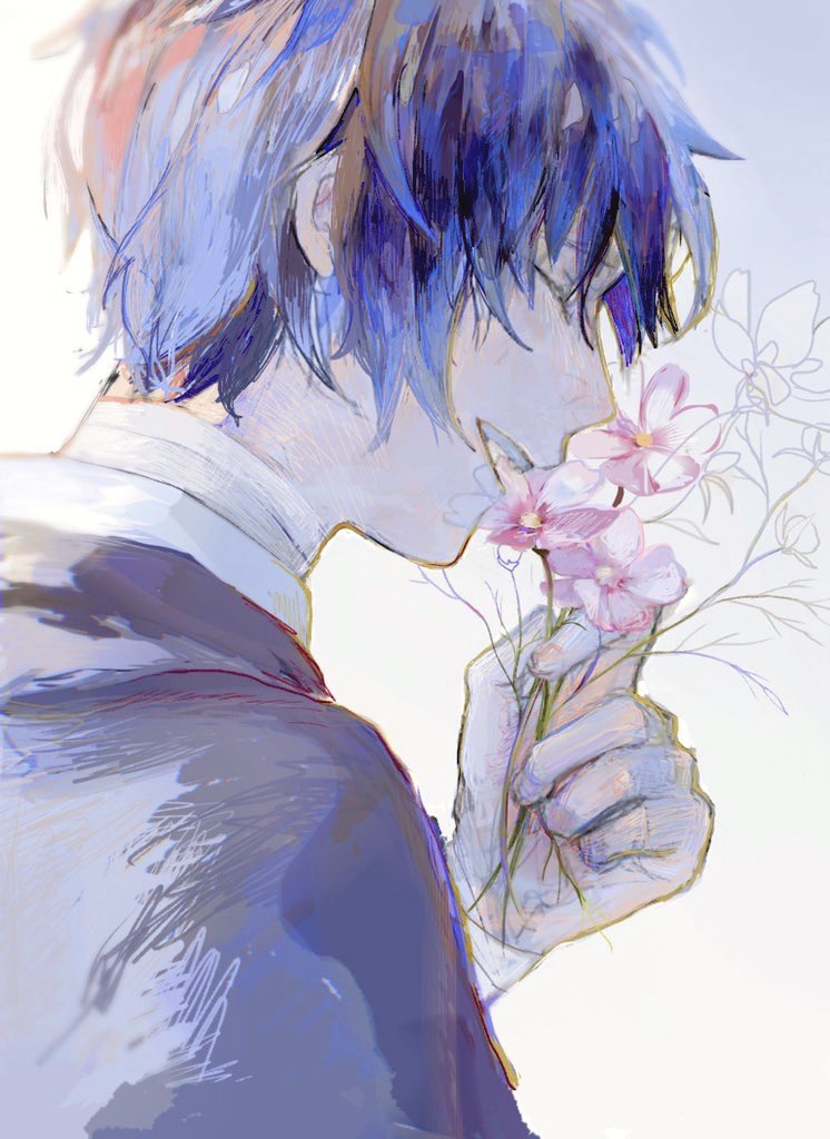 flower solo 1boy male focus short hair closed eyes holding  illustration images
