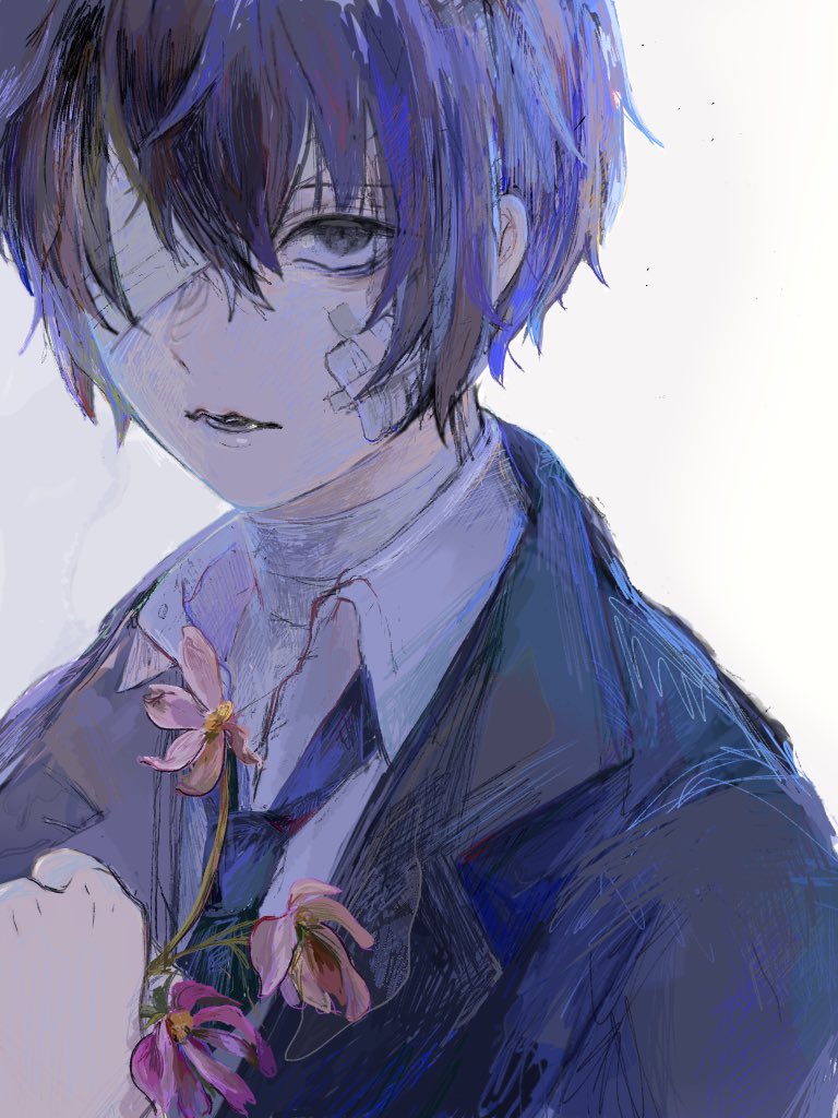 flower solo 1boy male focus short hair closed eyes holding  illustration images