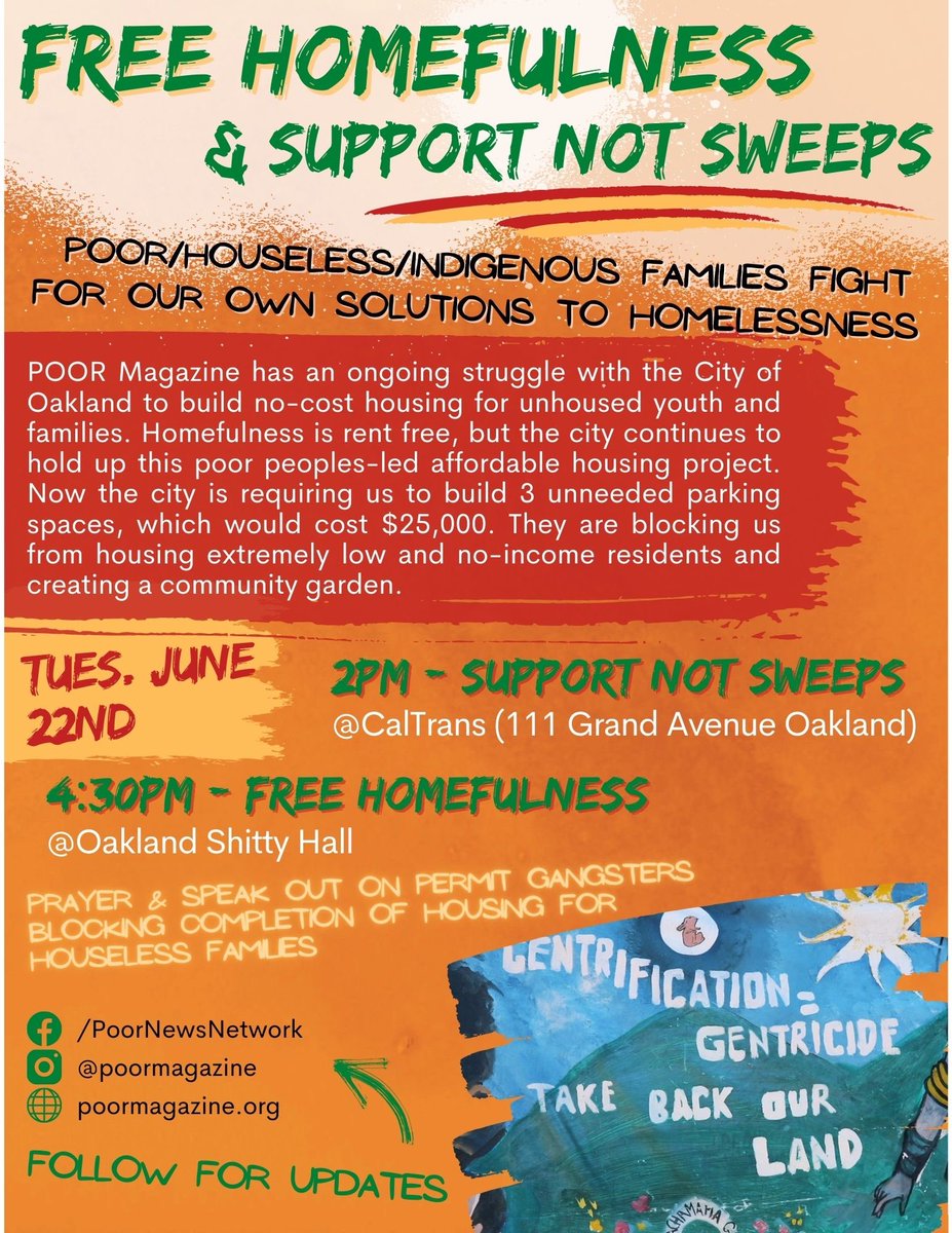 PovertySkola's tweet photo. Tues 2pm & 430pm as Houseless ,disabled youth & elders struggling wit the deadly violence called #Sweeps speak Up to #Kkkaltrans & then to Oakland #Shittyhall at 430pm to pray & speak up to Settler Kkkolonial Politricksters who refuse to let us finish #Homefulness @poormagazine https://t.co/22Bi7dfqHz