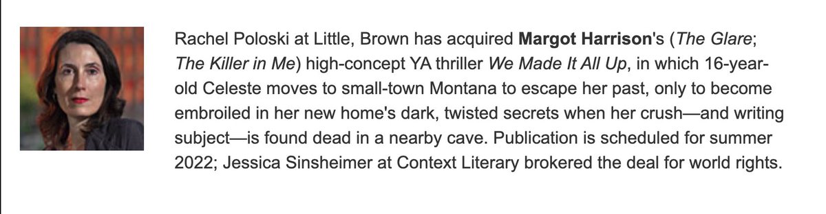 MargotFHarrison's tweet image. I’m so excited to announce my third book, WE MADE IT ALL UP, coming summer ‘22!

It’s a small-town murder mystery that’s also about friendship, the dark passages in our hearts, and the wonder/danger of storytelling. Plus Les Mis fandom and caves! 😱