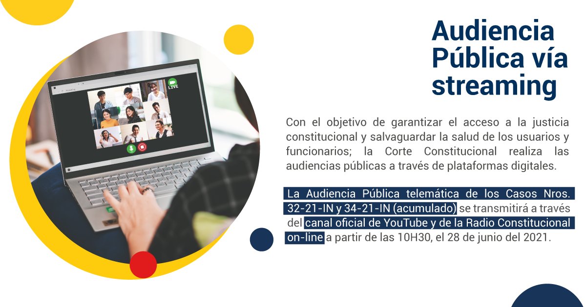 CorteConstEcu's tweet photo. MAÑANA | Se realizará en vivo la Audiencia Pública telemática de los Casos 32-21-IN y 34-21-IN (acumulado). Recuerda que el registro iniciará a partir de las 08h00.
Escucha su desarrollo por 📻 https://t.co/LA9t6bmbgn
Míralo en vivo por ▶️ https://t.co/MlOfYmewxI https://t.co/8sioiykomD