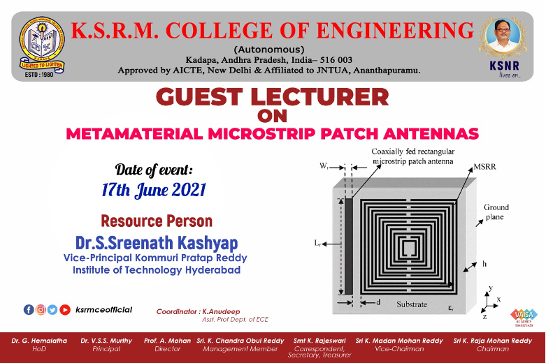 ksrmceofficial's tweet photo. Department of ECE organized Guest Lecture on Metamaterial Microstrip Patch Antennas on 17th June, 2021
#KSRM #ksrmce #tPatchAntenna #microstrip https://t.co/eYknG6ynJU
