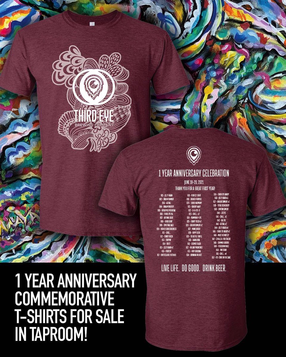ThirdEyeBrew's tweet photo. Available today in taproom, 1 year anniversary commemorative Third Eye Brewing T-shirts for sale and pint glass &amp; poster giveaways (while supplies last).

#happybirthdaythirdeye #GoodThingsAreBrewing #GoodThingsAreCooking #LiveLifeDoGoodDrinkBeer  #DrinkLocal https://t.co/5xVppoHf2M