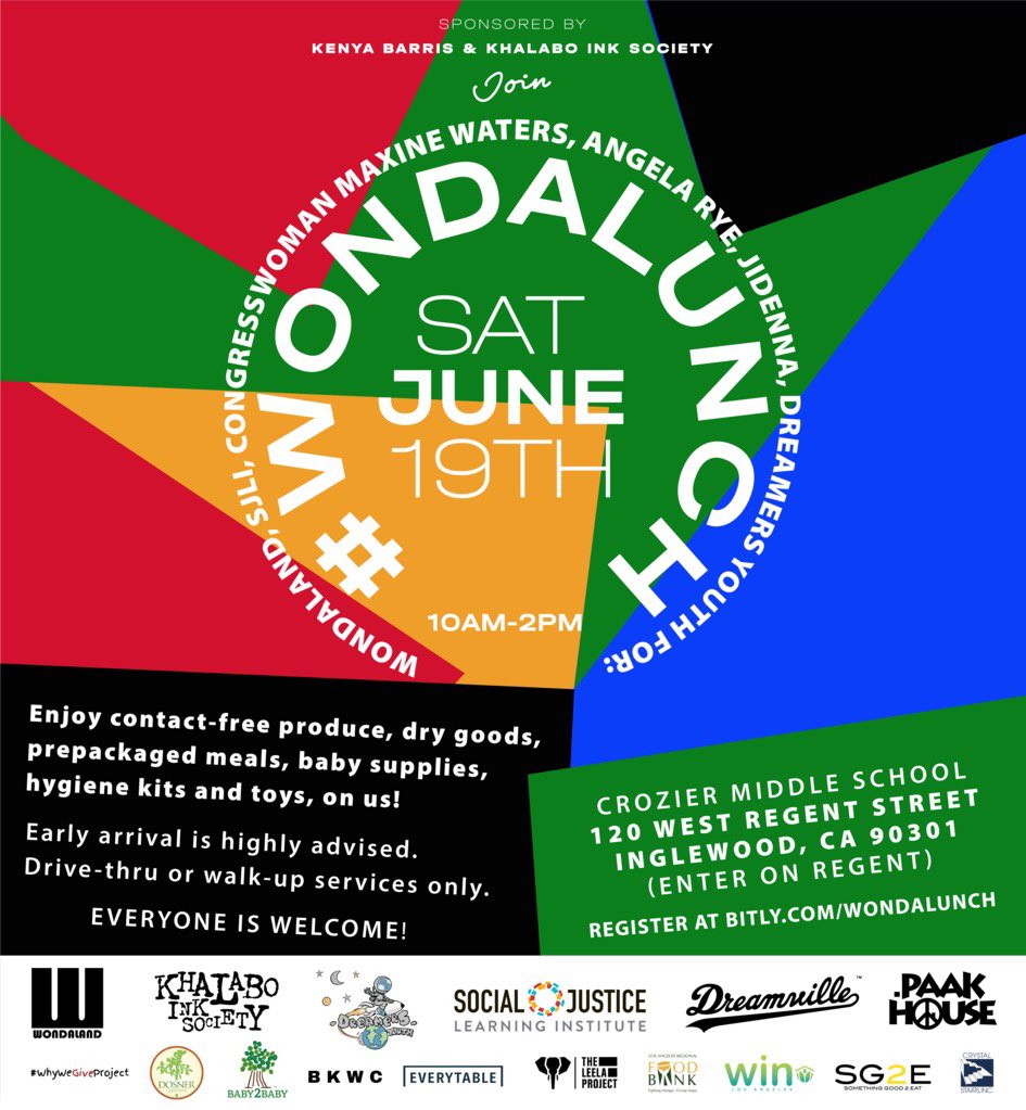 Tomorrow #WONDALUNCH is back in Inglewood at Crozier Middle School from 10am-2pm. 

Sign up and pre-register now at bitly.com/Wondalunch 

Sponsored by, <a href="/funnyblackdude/">kenya barris</a> + #KhalaboInkSociety ✊🏾🖤