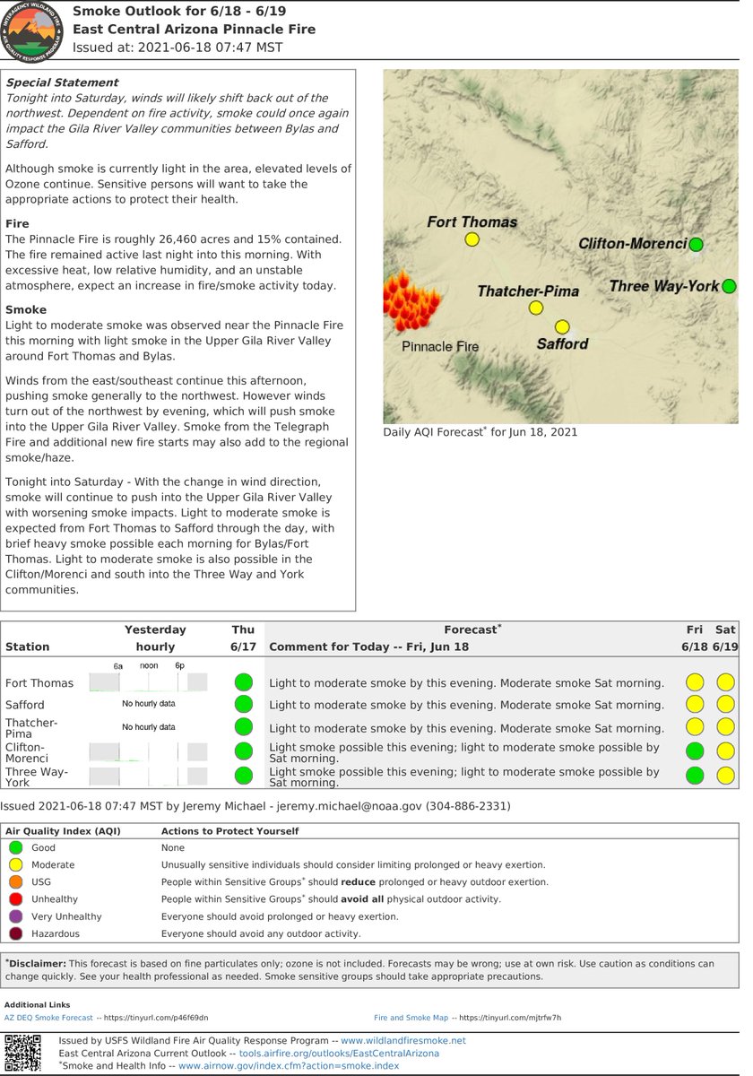 PinnacleInfo21's tweet image. Tonight into Saturday - With the change in wind direction, smoke will continue to push into the Upper Gila River Valley with worsening smoke impacts. wildlandfiresmoke.net/outlooks/EastC… #PinnacleFire #AzFire #azwx