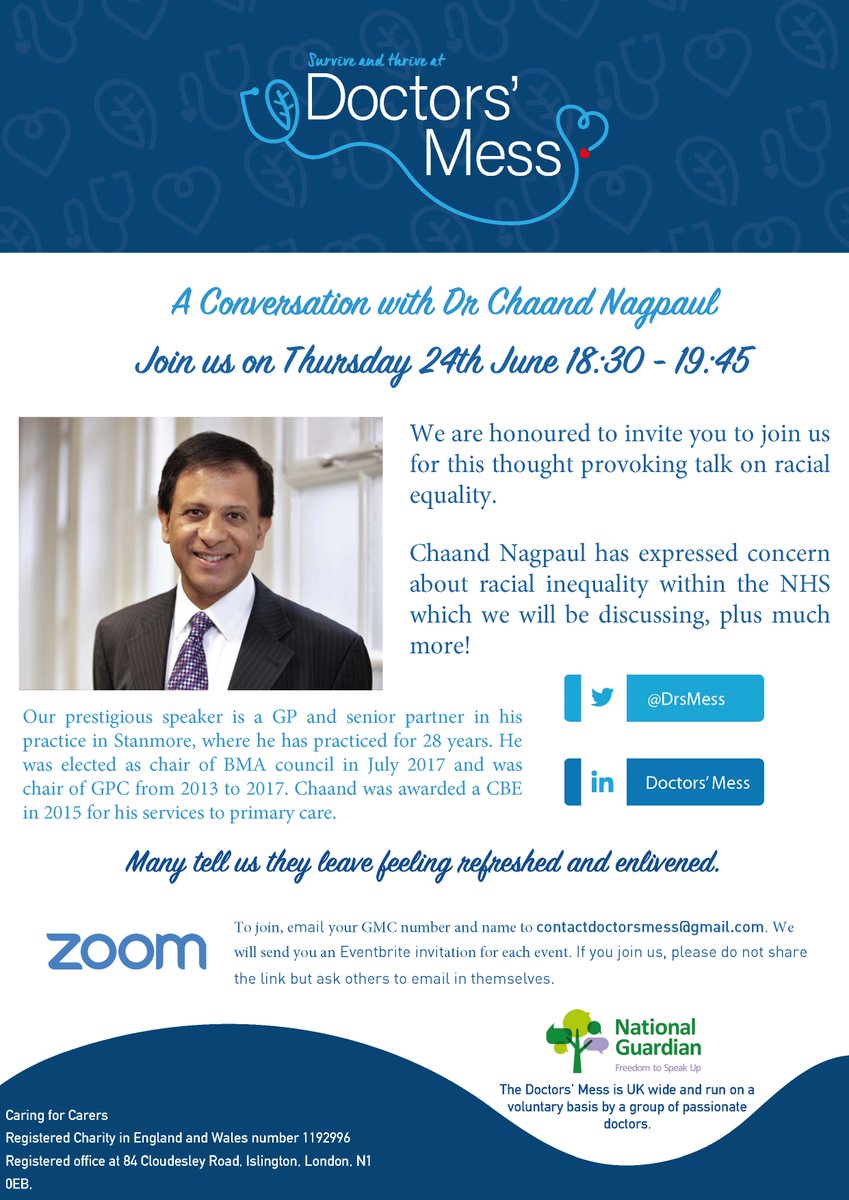DrsMess's tweet photo. We are honoured to invite you to join us for a thought provoking talk on racial equality with @CNagpaul next Thursday 18:30 - 19:45
Register here: https://t.co/3lt4ZFfzPH
#doctorsmess #caringforcarers #racialequality #BMA @VineyRebecca https://t.co/29psOVPDZH