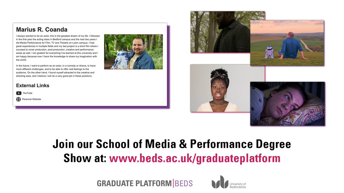 uniofbeds's tweet photo. Join our School of Media & Performance Degree Show now at: https://t.co/Uan9LqJoWI to explore our student's profiles and see their work produced during this challenging year! 🎭🎬💃 #UniversityofBedfordshire #UniofBeds #PerformingArts #MediaPerformance #DegreeShow https://t.co/cJAexGrwcn