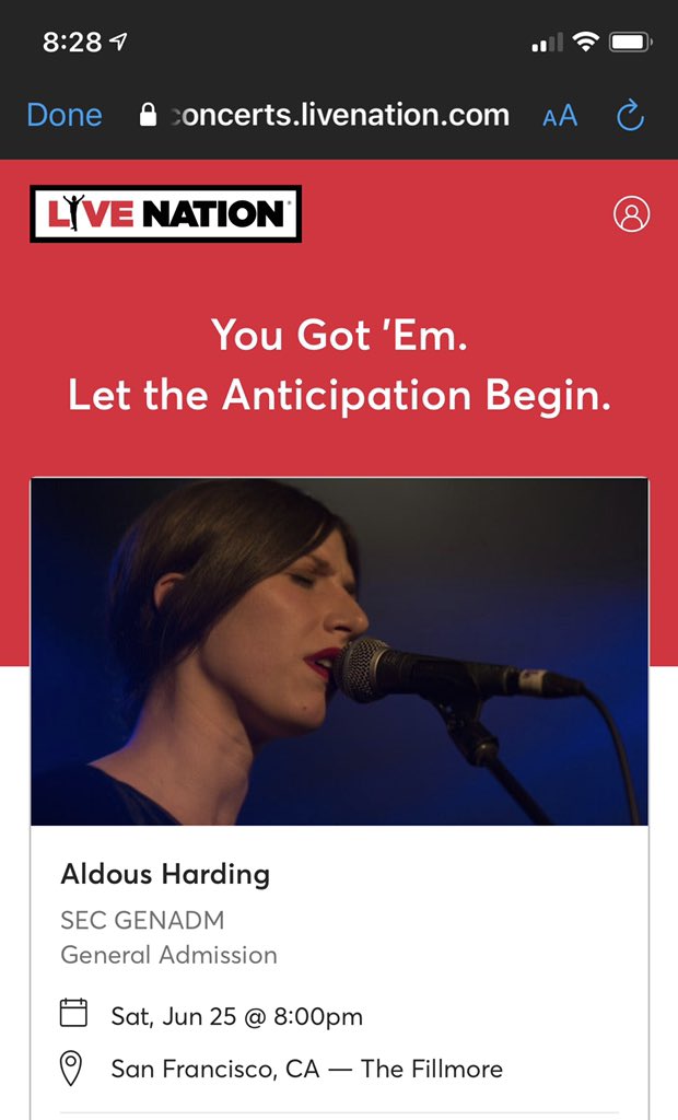 branto's tweet photo. @AssocLdnMgmt @FillmoreSF @AldousHarding @Ticketmaster Success! https://t.co/5X4CW8nt7w