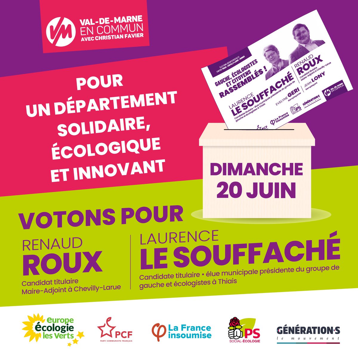 Ce Dimanche 20 Juin, a Thiais, Chevilly-Larue et Rungis, un seul bulletin pour conserver un Département solidaire, écologique et innovant 🌳🚊⛹️‍♂️💻 

Votons pour Renaud Roux et Laurence Le Souffaché pour qu’ils renforcent la majorité départementale de Christian Favier 🗳💪