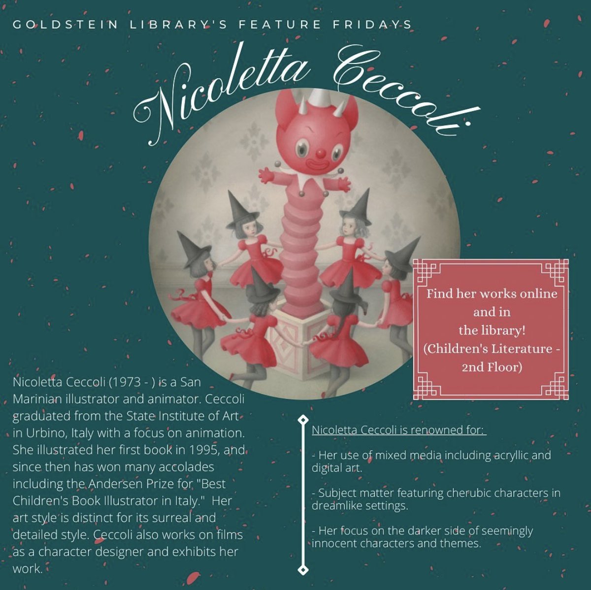RinglingLibrary's tweet image. For today's Feature Friday, we're looking at Nicoletta Ceccoli! Read more about her on our Instagram (@rcadgoldsteinlibrary) or visit us at ringling.edu/library!