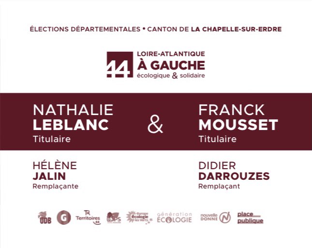 Nous arrivons au terme de cette campagne de 1er tour. 
Chaque voix comptera dimanche pour réaliser le changement que nous appelons de nos voeux, pour un canton écologique et solidaire! 
Dimanche, faites gagner <a href="/44aGauche2021/">Loire-Atlantique à Gauche 2021</a> en votant pour Nathalie Leblanc et Franck Mousset!!