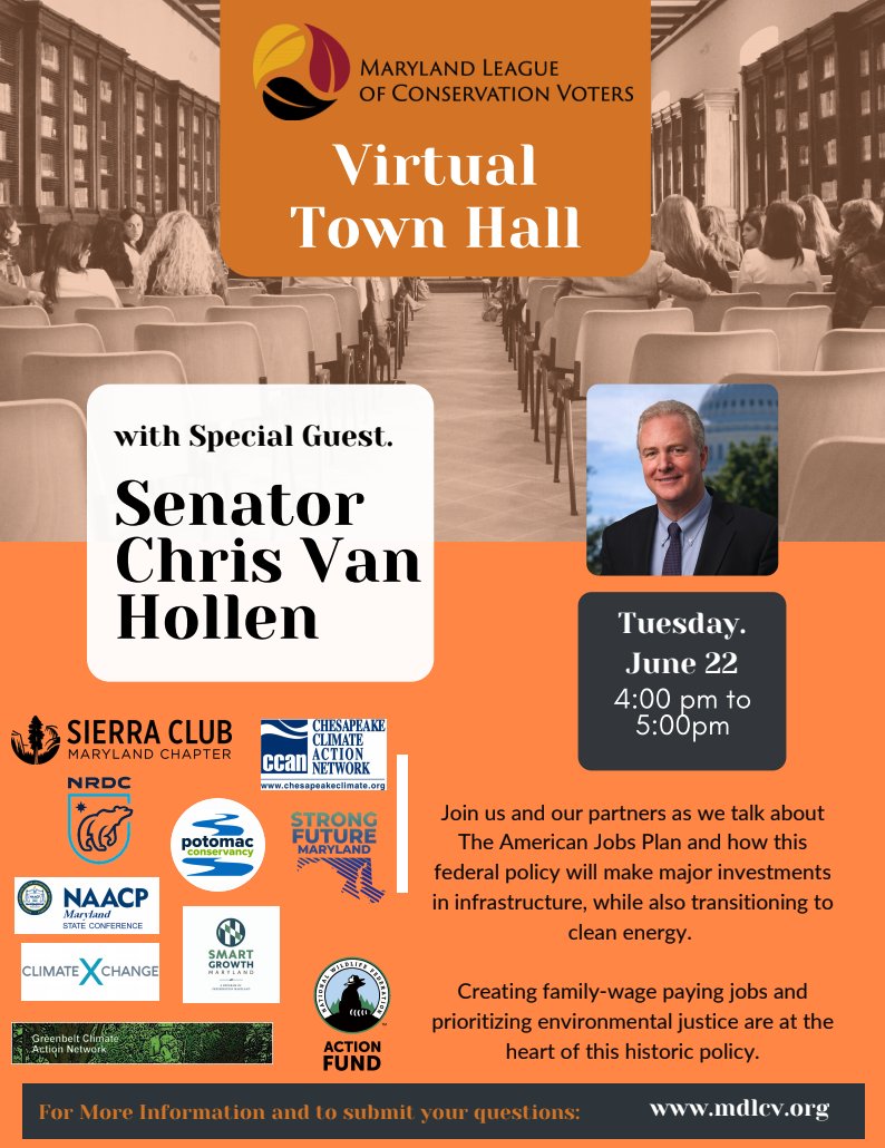 AdvanceMaryland's tweet photo. Looking forward to our Virtual Town Hall featuring @ChrisVanHollen with @MDLCV @sierraclubmd @CCAN @NRDC @TheNationsRiver @NAACPMD @CXCMaryland
@MDSmartGrowth &amp; @wildlifeaction! 🌎🌿

Join us on June 22 @ 4pm. Sign up today: https://t.co/VAGASpStcL https://t.co/nPLC3AH2bu