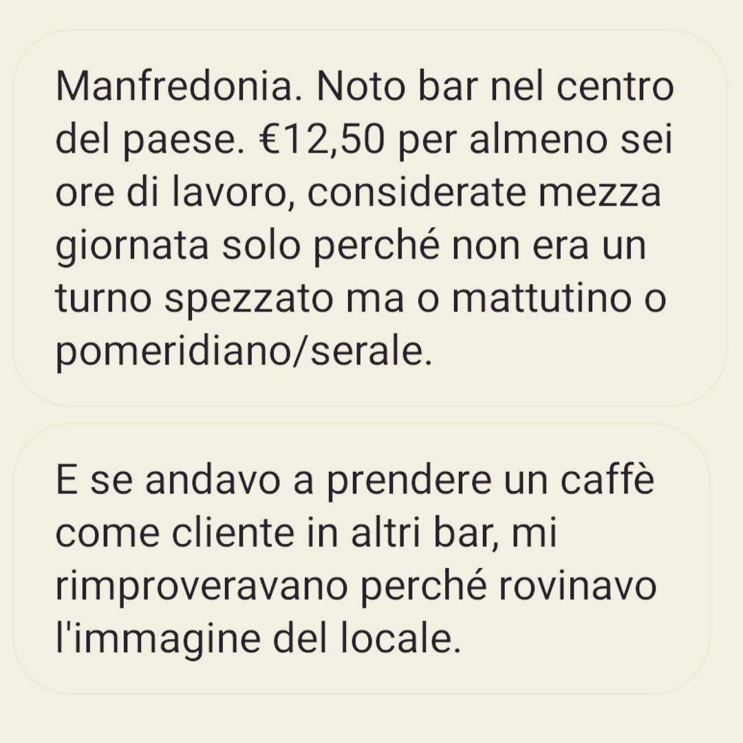PossibileIt's tweet photo. "I giovani non hanno voglia di lavorare". Eppure si trovano a lavorare a 2 euro l'ora. E con limitazioni insopportabili alle proprie libertà personali insopportabili.

Non smettiamo di pubblicare le vostre testimonianze, perché questa storia deve finire. #SalarioMinimo https://t.co/hUArN9igY8