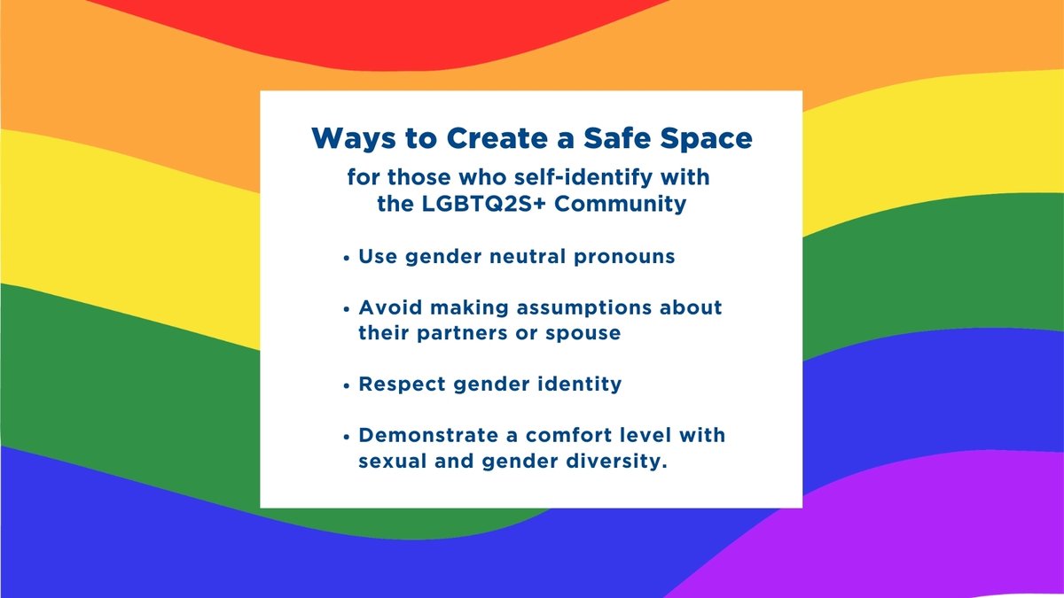 Here are some ways you can create a safe space for the person you care for, whether they self-identify as part of the LGBTQ2S+ community, or not.

 To learn more about providing services for LGBTQ2S+ seniors, visit rainbowhealthontario.ca.